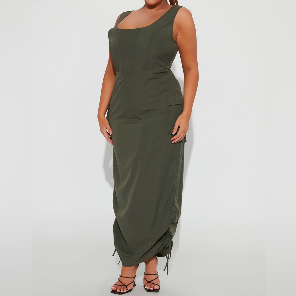 Fashion Nova Feeling Savage Cargo Maxi Dress - Olive